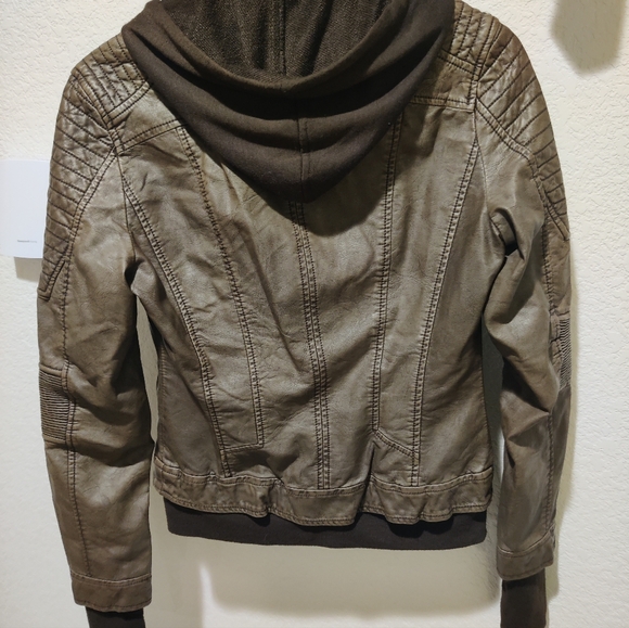 NWOT, LA Coalition, brown, vegan leather moto jacket w/ removable hood & lining - Picture 5 of 6